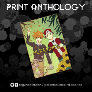 An image of the fanfiction anthology cover. "PRINT ANTHOLOGY" is written above. Below are links to reguricalendar @ twitter and tumblr and the shop URL.