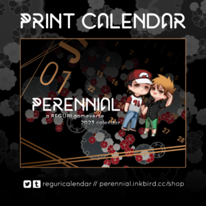 An image of the wall calendar cover. "PRINT ANTHOLOGY" is written above. Below are links to reguricalendar @ twitter and tumblr and the shop URL.