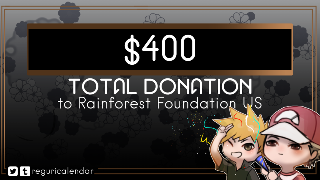 Graphic that reads, "$400 Total Donation to Rainforest Foundation US." In the lower right corner, Red is popping a confetti popper, and Green is shielding his eyes from the confetti while grinning. Art is by Mieudiary.