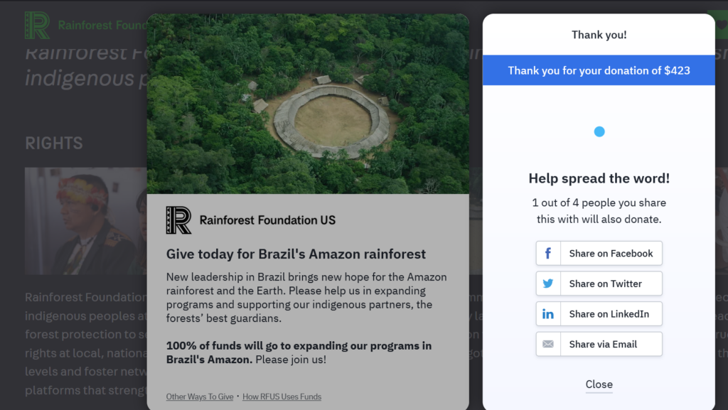 Proof of donation screenshot indicating that $423 was donated to Rainforest Foundation US.
