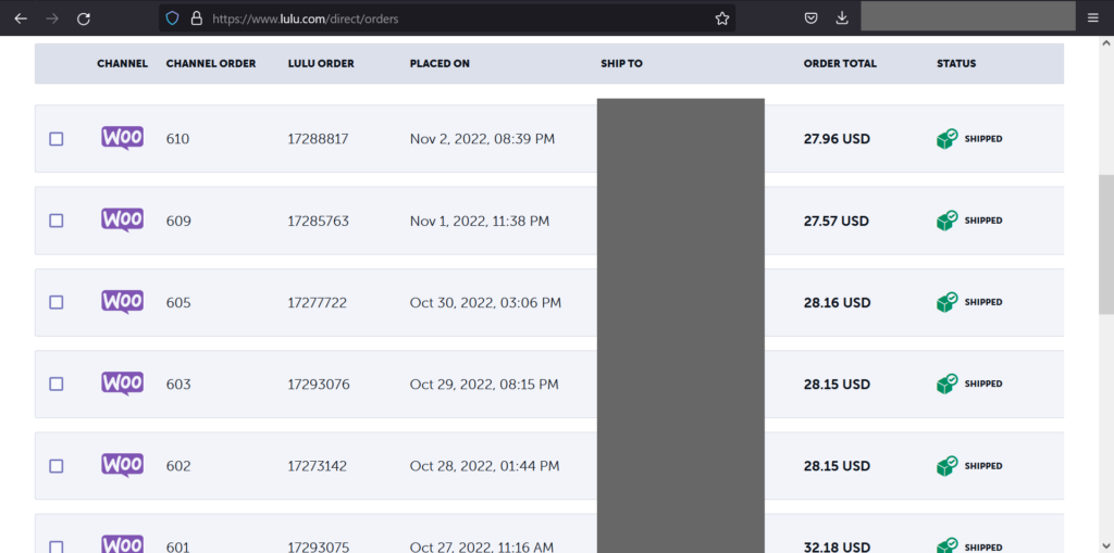 A sample screenshot of our order list from Lulu. Shipping addresses/names and mod personal information are blocked out.
