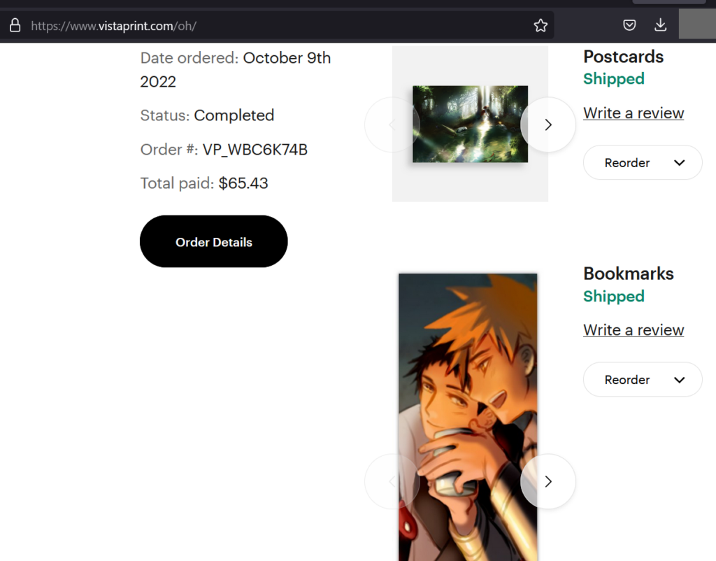 A screenshot of vistaprint's website, showing that $65.43 was paid for printing and shipping of the bookmark and postcard bonus addons.